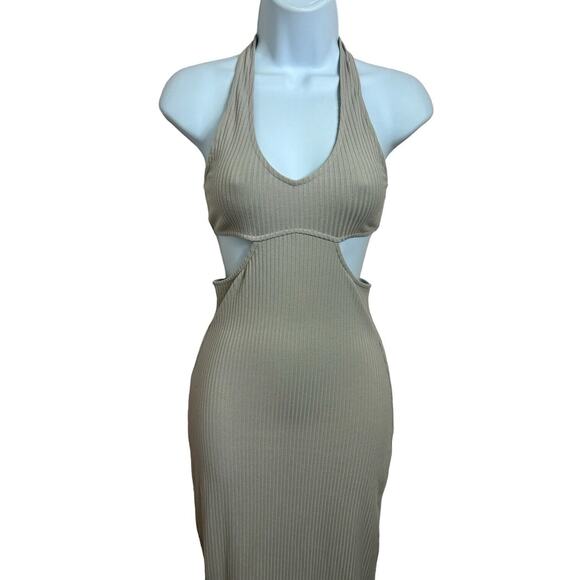 Divided H&M Beige Ribbed Halterneck Dress Sz XS Midi Fitted Open Back V-Neck NEW - Picture 8 of 12